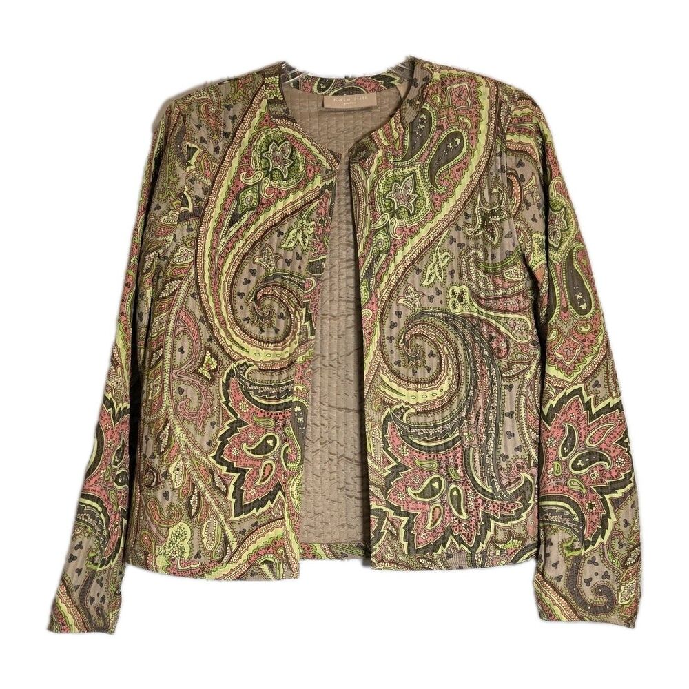 Kate Hill 100% Silk Paisley Open Blazer Jacket Women's M Petite Quilted Classic